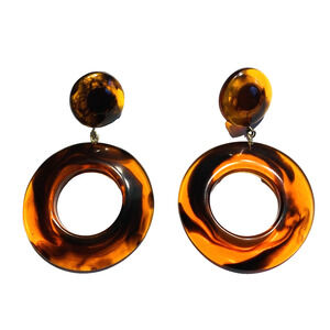 Vintage Y2K Mod Hoop Pierced Earrings Acrylic Faux Tortoise Shell Caramel Swirl